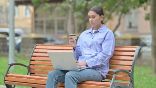 Happy Hispanic Woman Enjoying Online Banking Laptop Outdoor — Stock Video