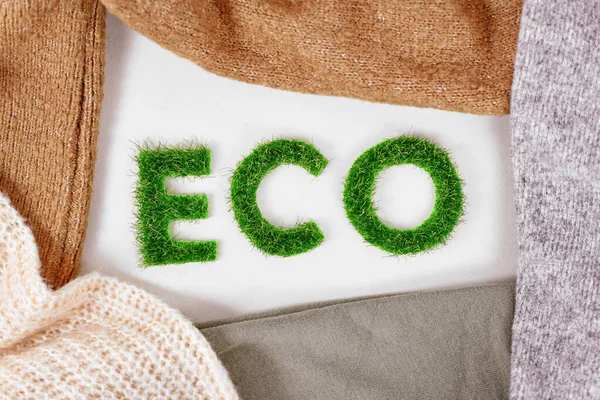 Concept Environmental Friendly Produced Clothing Text Eco Made Out Grass — Stock Photo, Image