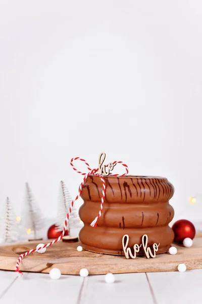 Layered Spit Cake Called Baumkuchen Glazed Chocolate Front Seasonal Christmas — Stock Photo, Image
