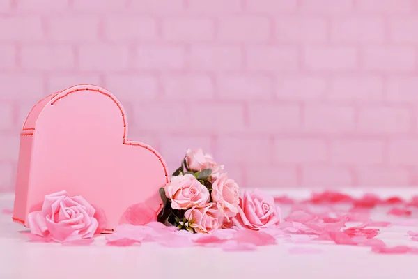 Valentine Day Composition Heart Shaped Box Rose Flowers Pink Background — Fotografia de Stock