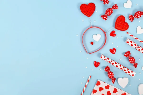 Cute Valentine Day Flat Lay Heart Ornaments Headband Candy Blue — Fotografia de Stock