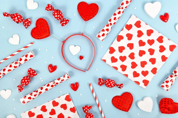 Cute Valentine Day Flat Lay Heart Ornaments Headband Candy Blue — Fotografia de Stock
