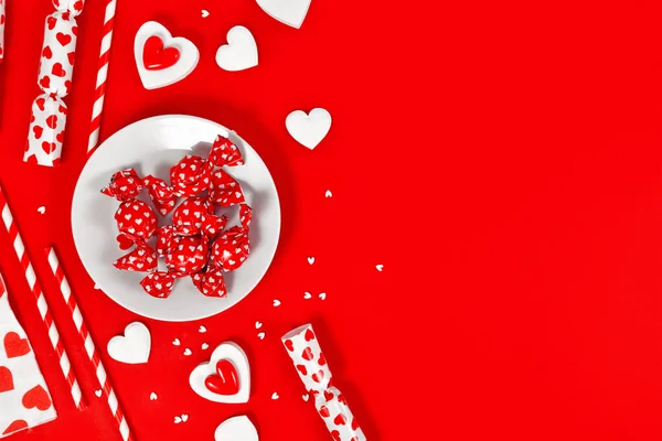 Red Valentine Day Decoration Candy Heart Ornaments Sugar Sprinkles Copy — Fotografia de Stock