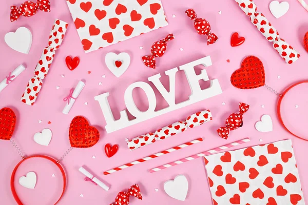 Valentine Day Decoration Love Text Heart Ornaments Sprinkles Pink Background — Fotografia de Stock