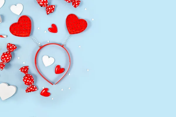 День Святого Валентина Був Плоским Прикрасами Серця Головами Цукерками Синьому — стокове фото