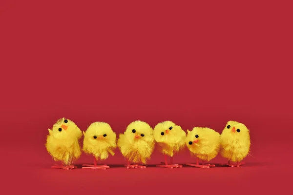 Small decorative Easter chickens in a row on red background