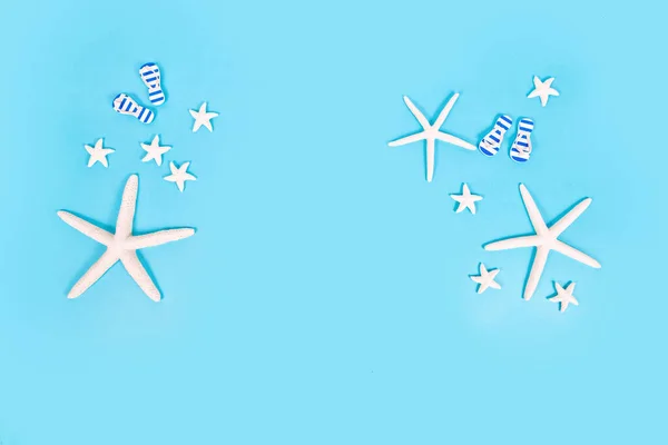 Simple Summer Banner White Starfish Sandals Blue Background — Stock Photo, Image