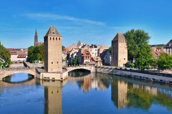 stock image Strasbourg France: Historical tower of 'Ponts Couvert' bridge as part of defensive work erected in the 13th century on the River Ill in 'Petite France' quarter of Strasbourg city