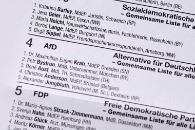Almanya - Mayıs 2024: 'AfD' partisi ile Avrupa Parlamentosu 'na Seçimler için Alman oy pusulası.