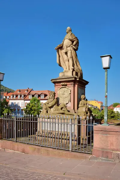 stock image Germany, Heidelberg - June 28th 2024:  Sculpture of Prince Elector Carl Theodor at Karl Theodor Bridge, also known as the Old Bridge, called 'Alte Buercke' in German