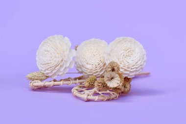 Kurumuş ve sahte kağıt çiçek boho tarzı ev dekorasyonu mor arka planda