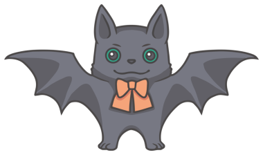 Şeffaf arka planda turuncu bir fiyonk ile gülümseyen siyah bir Cadılar Bayramı yarasasının çizgi film çizimi