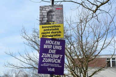 Heidelberg, Almanya - 25 Ocak 2025: Federal parlamento seçimleri için ilan panosu 'Bundestagswahl' 2025 siyasi partiler FDP ve Volt reklamlarıyla