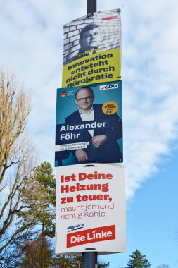 Heidelberg, Almanya - 25 Ocak 2025: Federal parlamento seçimleri için farklı afişler