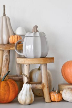 Balkabağı şekilli kupa, ahşap tezgah, balkabağı ve beyaz duvarın önünde tahıllı vazo