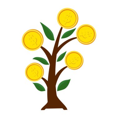 Madeni parayla ağaç dikmek. İş kar yatırımı, iş geliri, iş geliştirme konsepti. Vektör illüstrasyonu