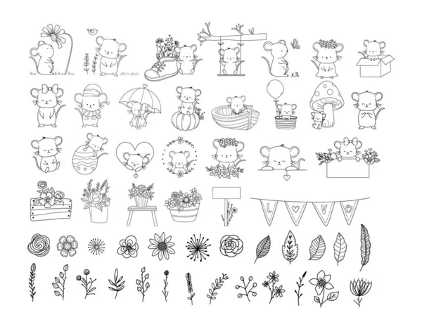 大盘小老鼠动漫与花卉手绘 线条艺术风格有趣的卡通人物集 平面设计婴儿背景 矢量插图 — 图库矢量图片