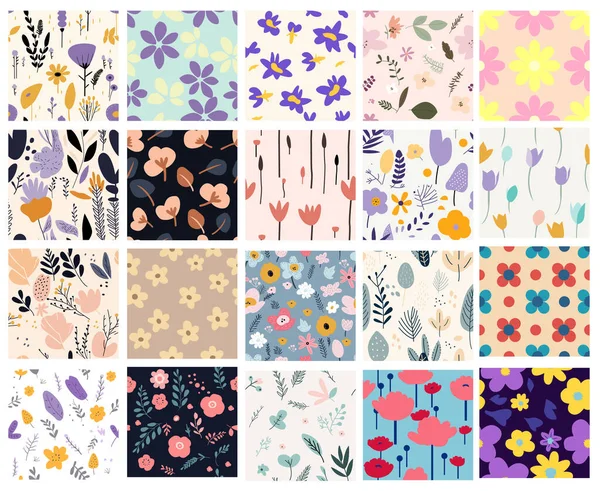 Flor Sem Costura Folha Floral Botânica Desenhado Mão Doodle Swatches — Vetor de Stock