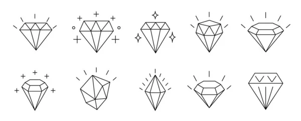 Set Van Diamanten Platte Schets Vector Illustratie Lijnontwerp Geïsoleerd Witte Stockvector
