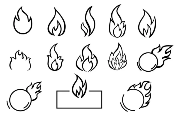 Oheň Ploché Čáry Ikony Plameny Plameny Různých Tvarů Hranice Vektorové Stock Ilustrace