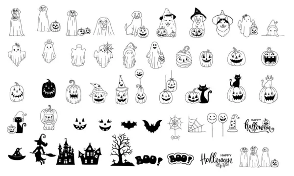 Conjunto Halloween Fantasma Calabaza Contorno Negro Icono Carácter Ilustración Elementos Ilustraciones de stock libres de derechos
