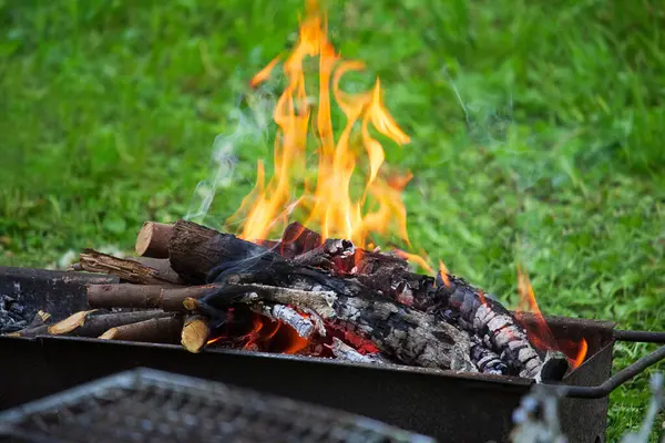 stock image Fire on burning wood in barbecue grill on green grass. Rest, weekend, cook