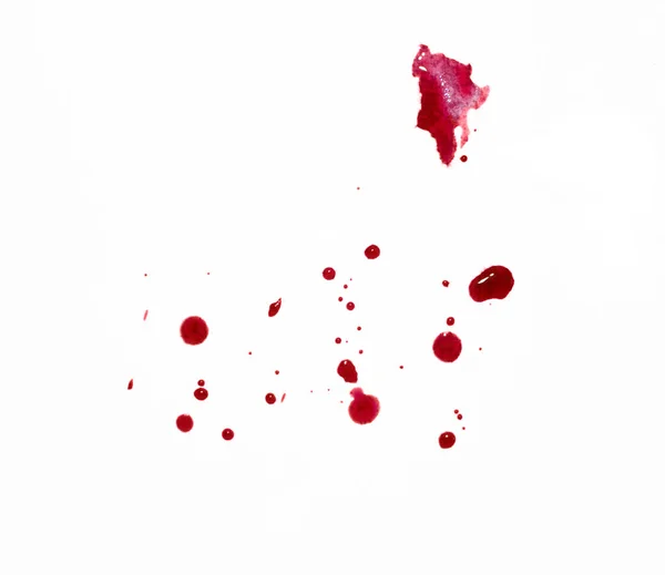 Krople Krwi Plamy Krwi Rozmaz Płynu Białym Izolowanym Tle Szczotka — Zdjęcie stockowe