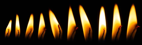 Kerzenflamme Auf Schwarzem Isoliertem Hintergrund Leuchtet Gelb Oranges Feuer Set — Stockfoto