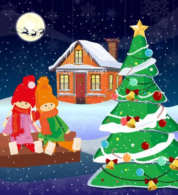 Resim kışı gösteriyor. Yeni yıl. Noel zamanı. Çocuklar yılbaşı ağacının yanında oturuyor. Biraz ileride bir ev var. Kar yağıyor. Ay gökyüzünde parlıyor. Şenlik havası.