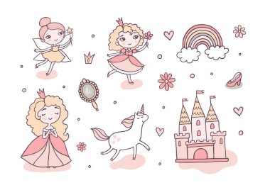 Cinderella sihirli hikaye düz renk vektör görüntüleri ayarlandı. Beyaz üzerinde küçük şirin prenses yaşam vektör resimleri. Fantezi çizgi film tarzı illüstrasyon