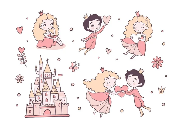 Romantic Fairy Tale Flat Color Vector Characters Set Love Little — Stock Vector