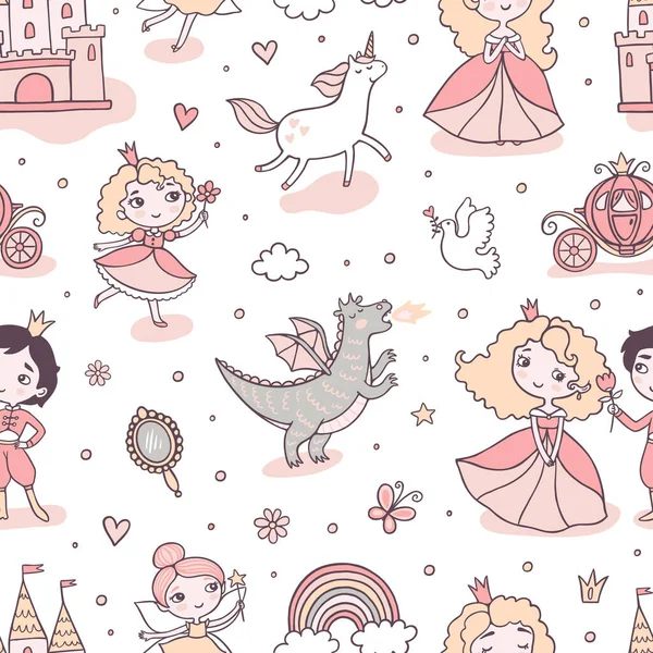 子供おとぎ話のシームレスなパターン プリンセスの冒険 白い背景のベクトル形状 漫画ピンクとグレーの色のアイコンの装飾 — ストックベクタ