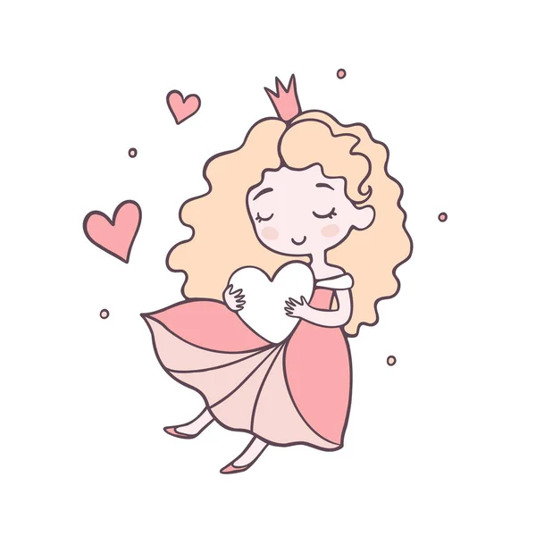 快乐公主抱着心扁平粉色的矢量人 白色书饰用的童话图画 爱情卡通画 — 图库矢量图片