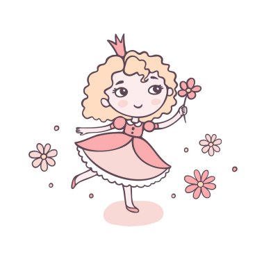 Çiçekli düz renk taşıyıcısı olan küçük pembe prenses. Kitap süslemesi beyazın üzerinde çocuksu bir resim. Peri masalı çizgi film stili çizimi