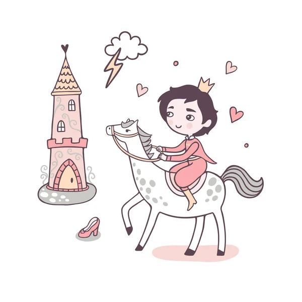Prince Riding Horse Horseback Princess Tower Flat Pink Color Vector — Stock Vector