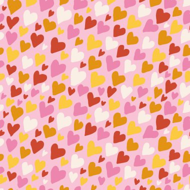 Küçük el çizimi kalpler, çaprazlama, pürüzsüz desen. Aşk ve romantik vektör görüntüleri pembe arka planda. Tasarım için karikatür simgeleriyle süsleme