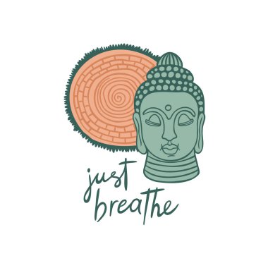 Flat color vector object with Just Breathe words. Buddha head and meditation mat simple cartoon style illustration for graphic design and animation