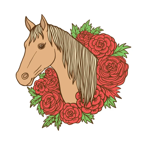 Brown Horse Head Surrounded Red Roses White Background Flat Color — Wektor stockowy