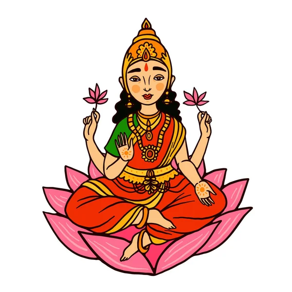 インド文化におけるラクシュミの主要女神 ヒンドゥー教における富と繁栄と財産の女神のベクトルカラー画像 — ストックベクタ