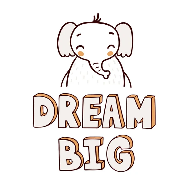 Счастливый Слон Текст Dream Big Простая Векторная Иллюстрация Белом Фоне — стоковый вектор