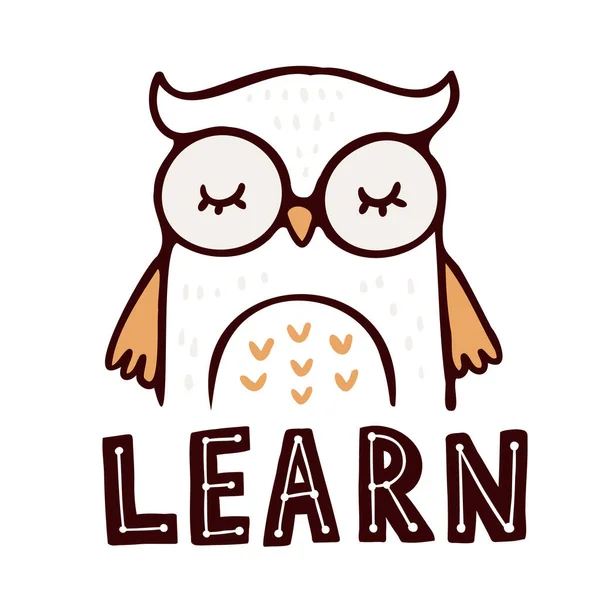 Owl Word Learn Hand Drawn Simple Vector Illustration White Background — Stock Vector