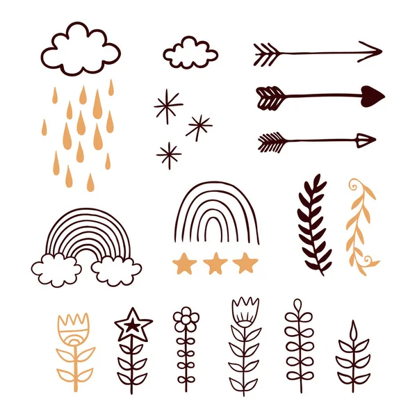 可爱的儿童矢量手绘插图设置在白色背景 天气类型 生长中的植物和箭头图形艺术收藏 — 图库矢量图片