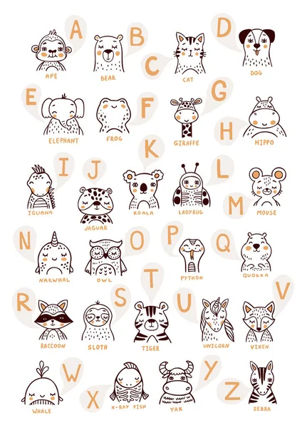 Abc与动物图片矢量插图设置在白色背景 小学儿童教育的有趣英语字母表 — 图库矢量图片