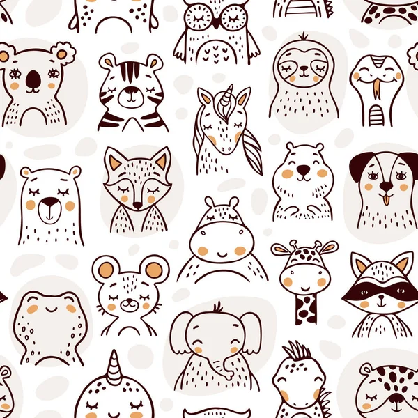 Patrones Sin Costura Con Animales Lindos Ilustraciones Vectoriales Dibujadas Mano — Vector de stock