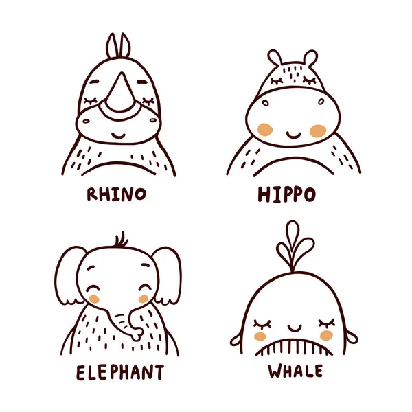 大象和鲸鱼简单的矢量插图设置在白色背景 给孩子起名字的奇异动物的可爱照片 — 图库矢量图片
