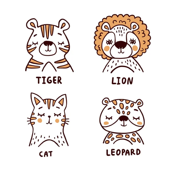 Tiger Lion Cat Leopard Childish Vector Illustrations Set White Background — Stock Vector