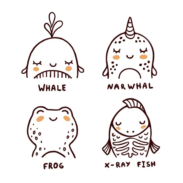 Whale Narwhal Frog Ray Fish Cute Vector Illustrations Collection White — Stock Vector