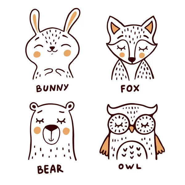 Bunny Fox Bear Owl Hand Drawn Vector Illustrations Set White — Stock Vector