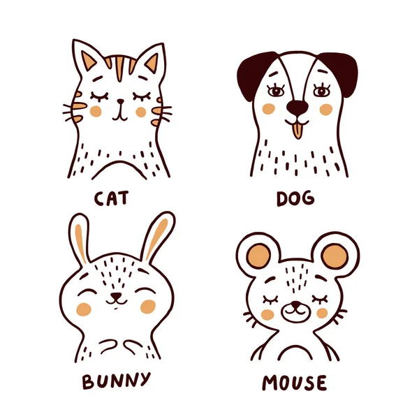 Коллекция Милых Векторных Иллюстраций Белом Фоне Кошки Собаки Зайчика Мыши — стоковый вектор