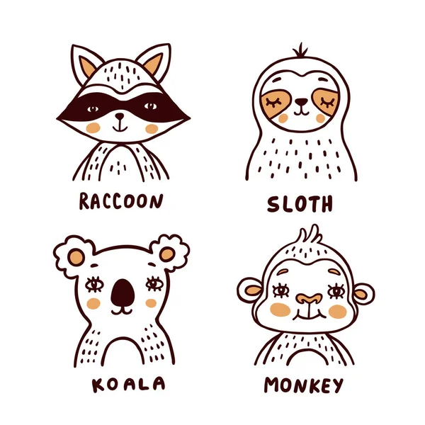 ラクーン スロース コアラ サル面白いベクトルイラストコレクション 子供が学ぶための名前を持つ野生動物 — ストックベクタ